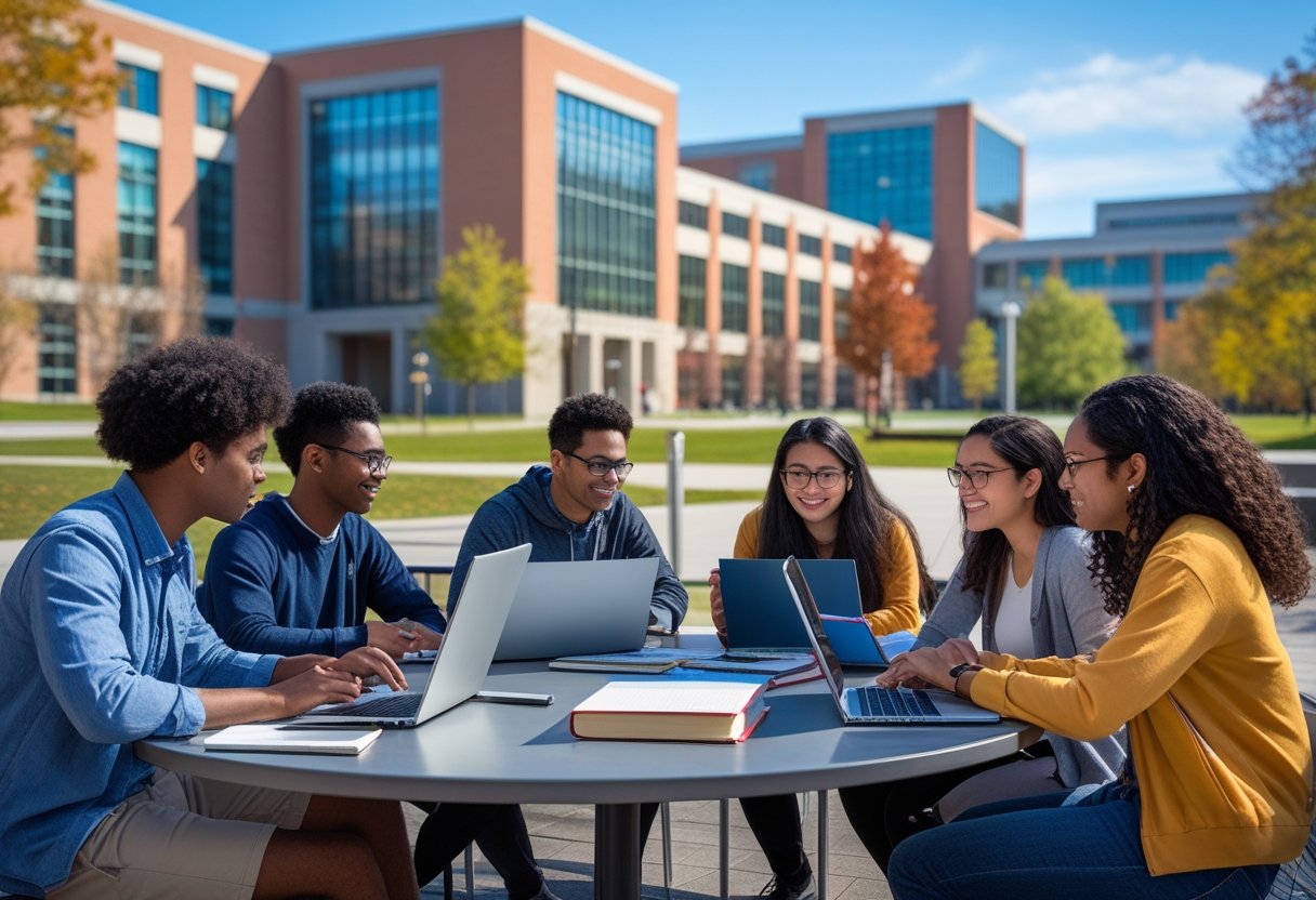 45 Fully Funded Scholarships Massachusetts Institute of Technology 2026 22 A diverse group of young adults studying together outdoors on a university campus with modern buildings in the background.