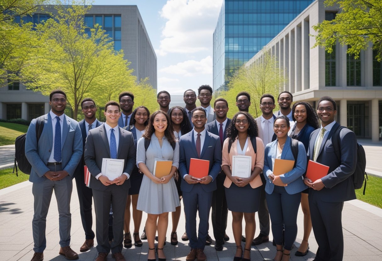 45 Fully Funded Scholarships Massachusetts Institute of Technology 2026 23 A group of diverse young adults smiling and standing together on the MIT campus with buildings and trees in the background.