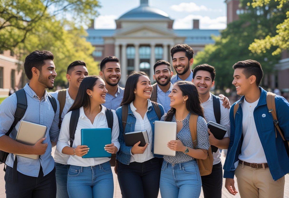 45 Fully Funded Scholarships Massachusetts Institute of Technology 2026 24 A group of Hispanic college students smiling and celebrating together on the MIT campus with university buildings in the background.
