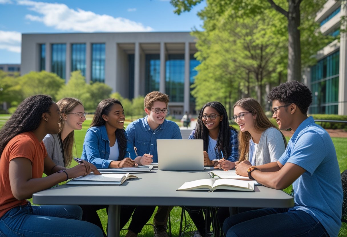 45 Fully Funded Scholarships Massachusetts Institute of Technology 2026 30 A group of diverse young adults studying together outdoors on the Massachusetts Institute of Technology campus with modern buildings and greenery around them.