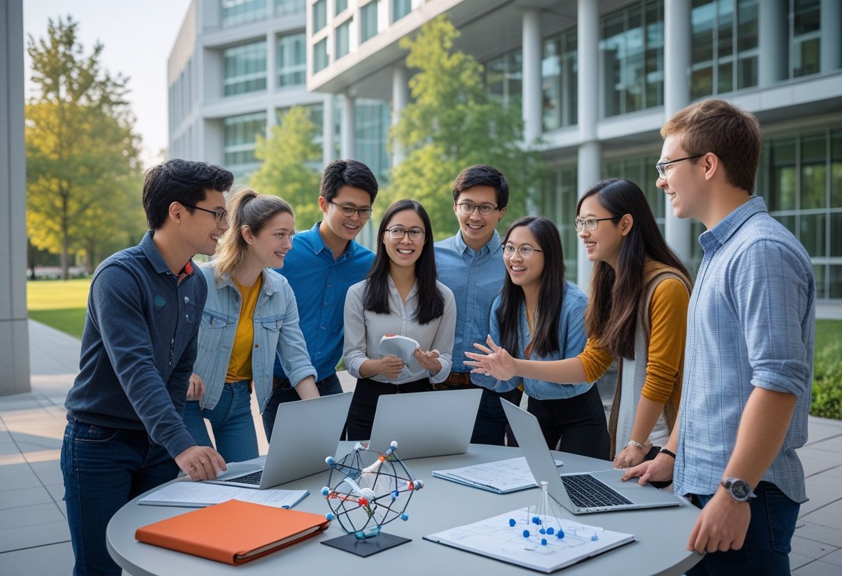 45 Fully Funded Scholarships Massachusetts Institute of Technology 2026 31 A group of diverse students collaborating around a table with laptops and scientific models on a university campus with modern buildings in the background.