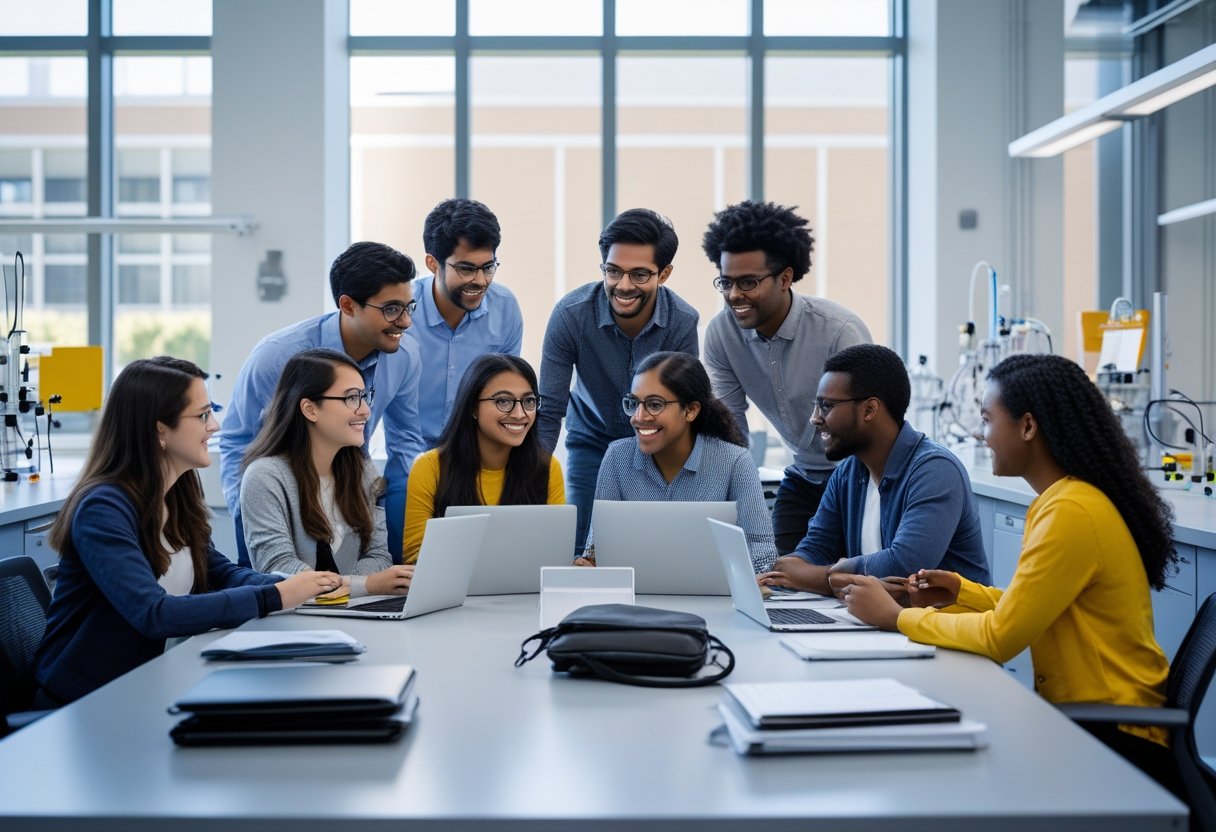 45 Fully Funded Scholarships Massachusetts Institute of Technology 2026 33 A diverse group of graduate students studying together in a bright university research lab with scientific equipment and laptops.