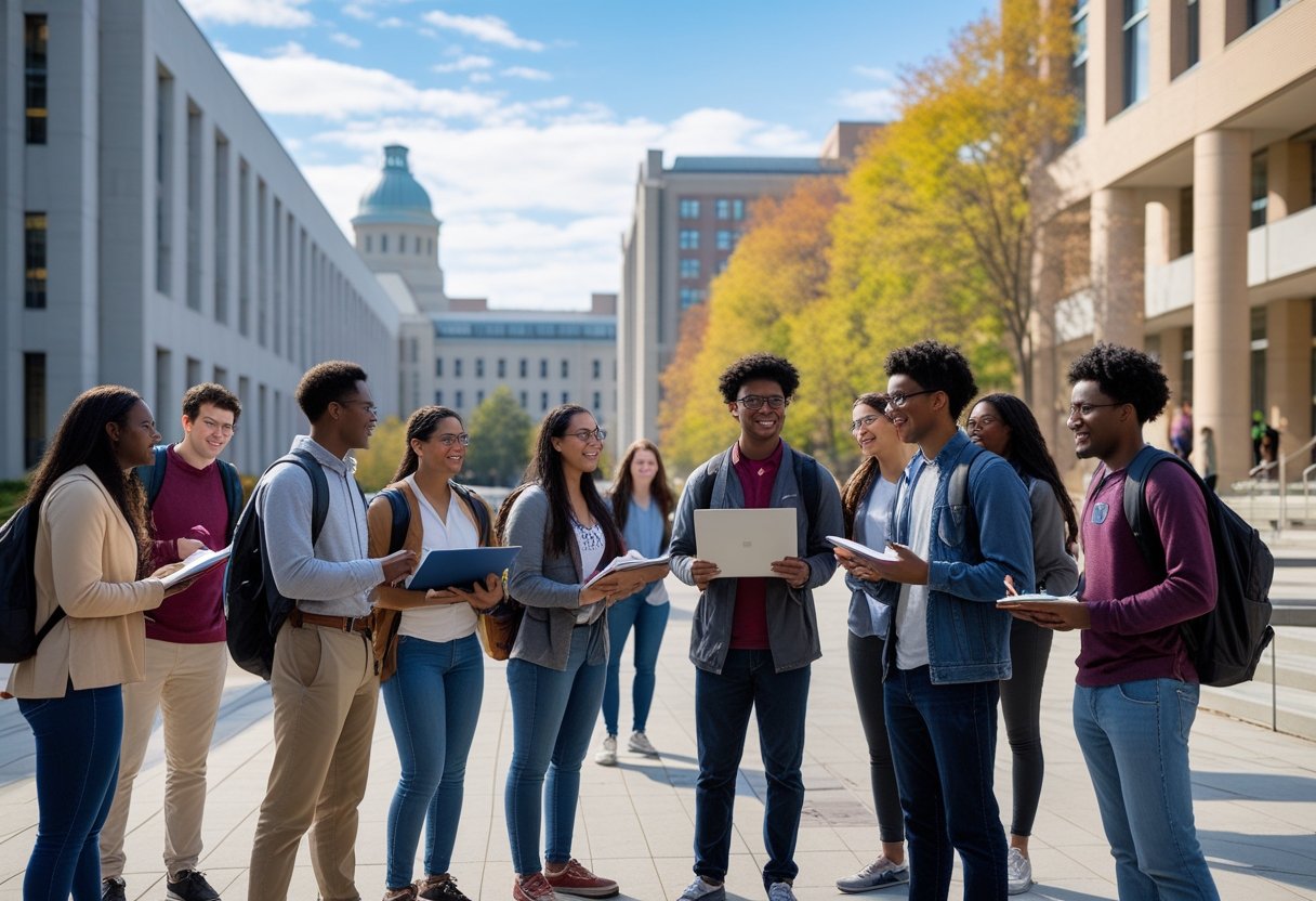 45 Fully Funded Scholarships Massachusetts Institute of Technology 2026 34 A diverse group of college students studying and discussing together outdoors on a university campus with modern buildings in the background.