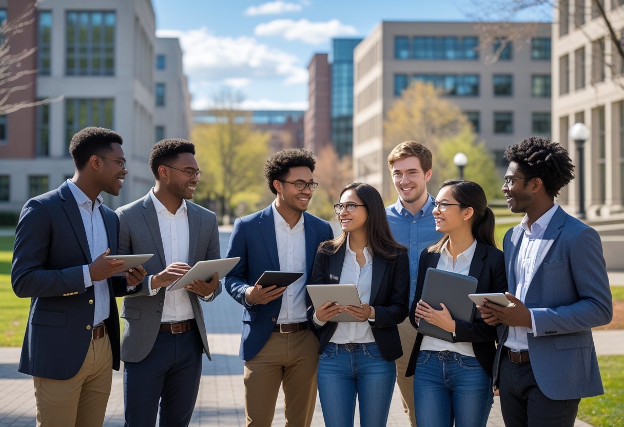45 Fully Funded Scholarships Massachusetts Institute of Technology 2026 35 A diverse group of young adults collaborating outdoors on the MIT campus with modern buildings and greenery in the background.