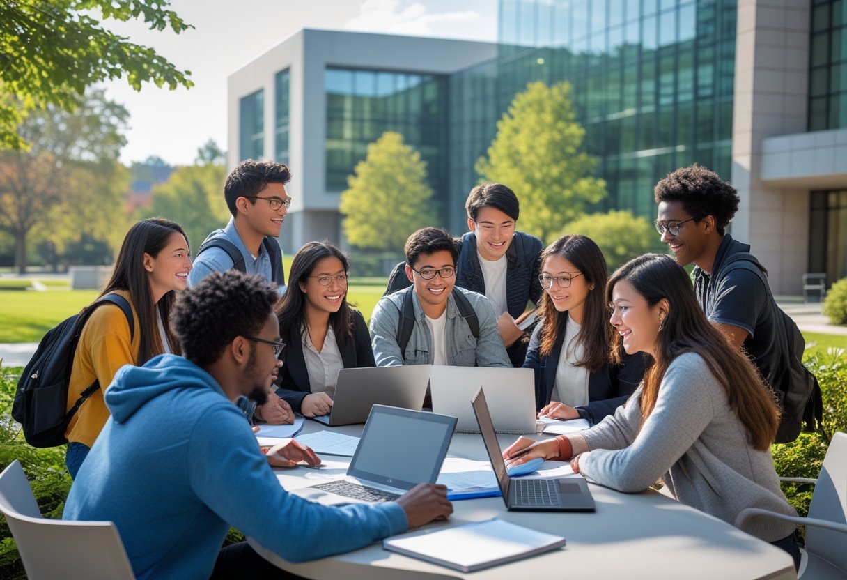 45 Fully Funded Scholarships Massachusetts Institute of Technology 2026 36 A group of diverse young adults studying and collaborating outdoors on a university campus with modern buildings and greenery around them.