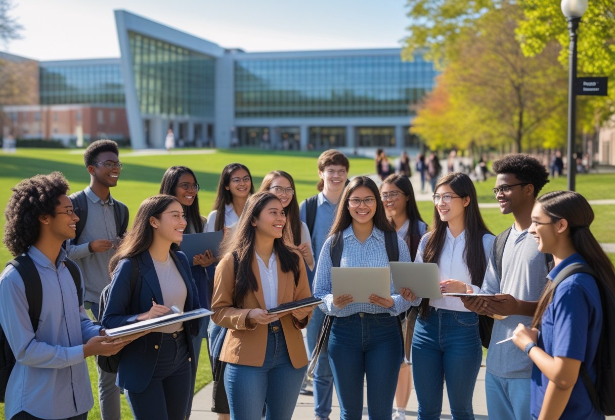 45 Fully Funded Scholarships Massachusetts Institute of Technology 2026 37 A diverse group of students studying and collaborating outdoors on the Massachusetts Institute of Technology campus with modern buildings in the background.