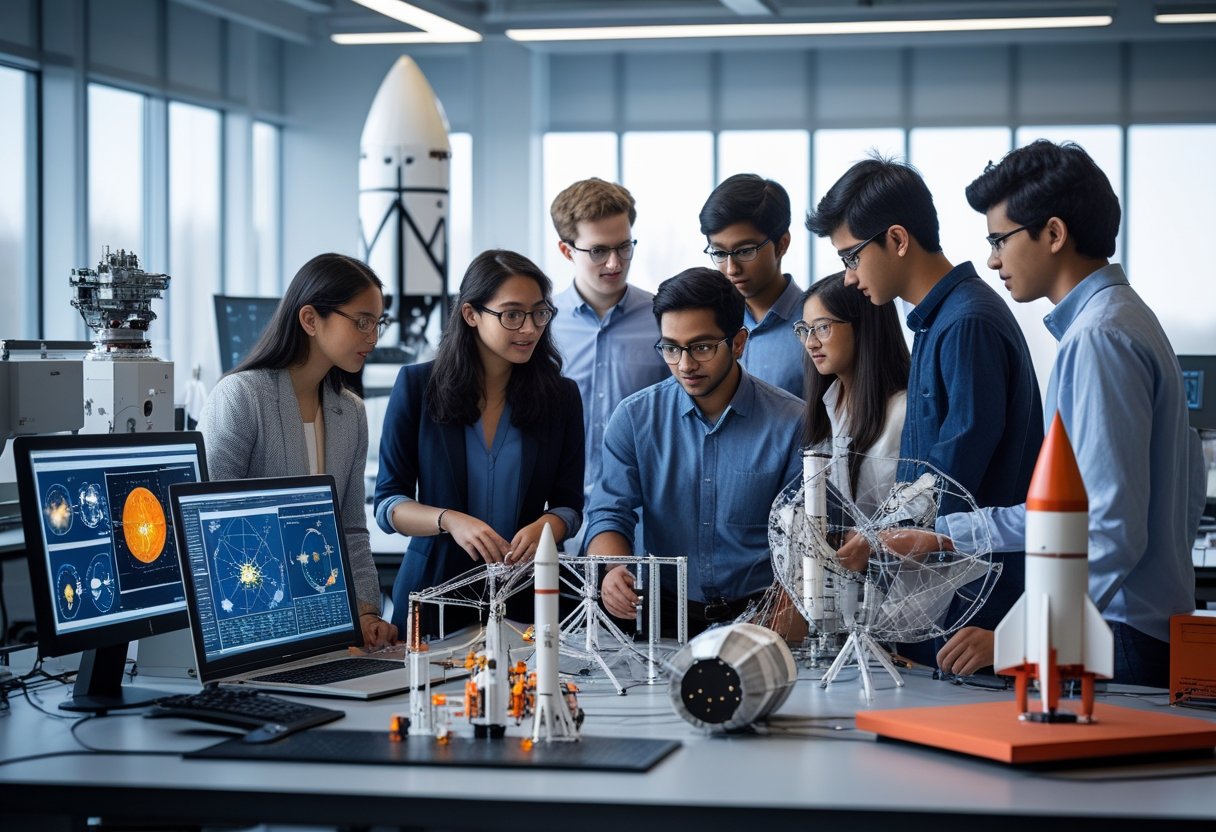 45 Fully Funded Scholarships Massachusetts Institute of Technology 2026 39 A group of young researchers working together in a modern laboratory with space technology equipment and computer screens displaying spacecraft designs.