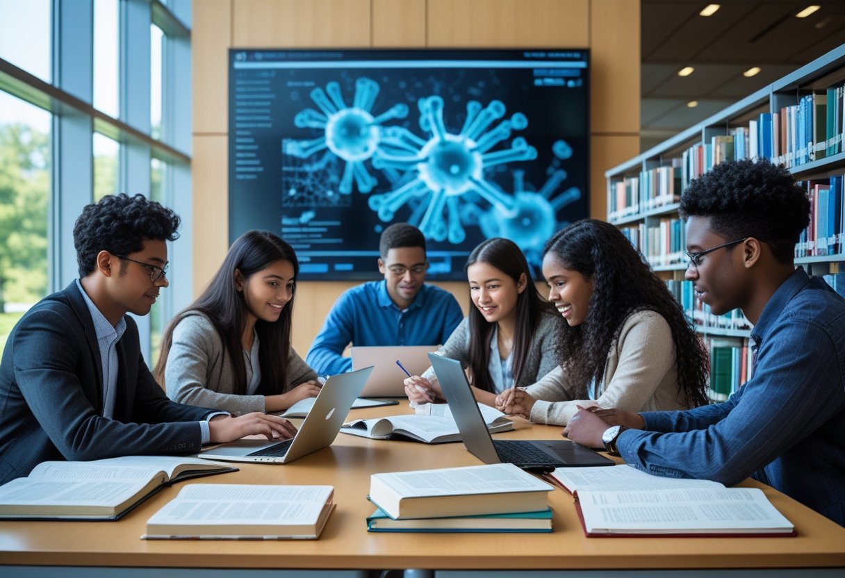 45 Fully Funded Scholarships Massachusetts Institute of Technology 2026 40 A group of diverse graduate students studying together in a bright university library with laptops and books.