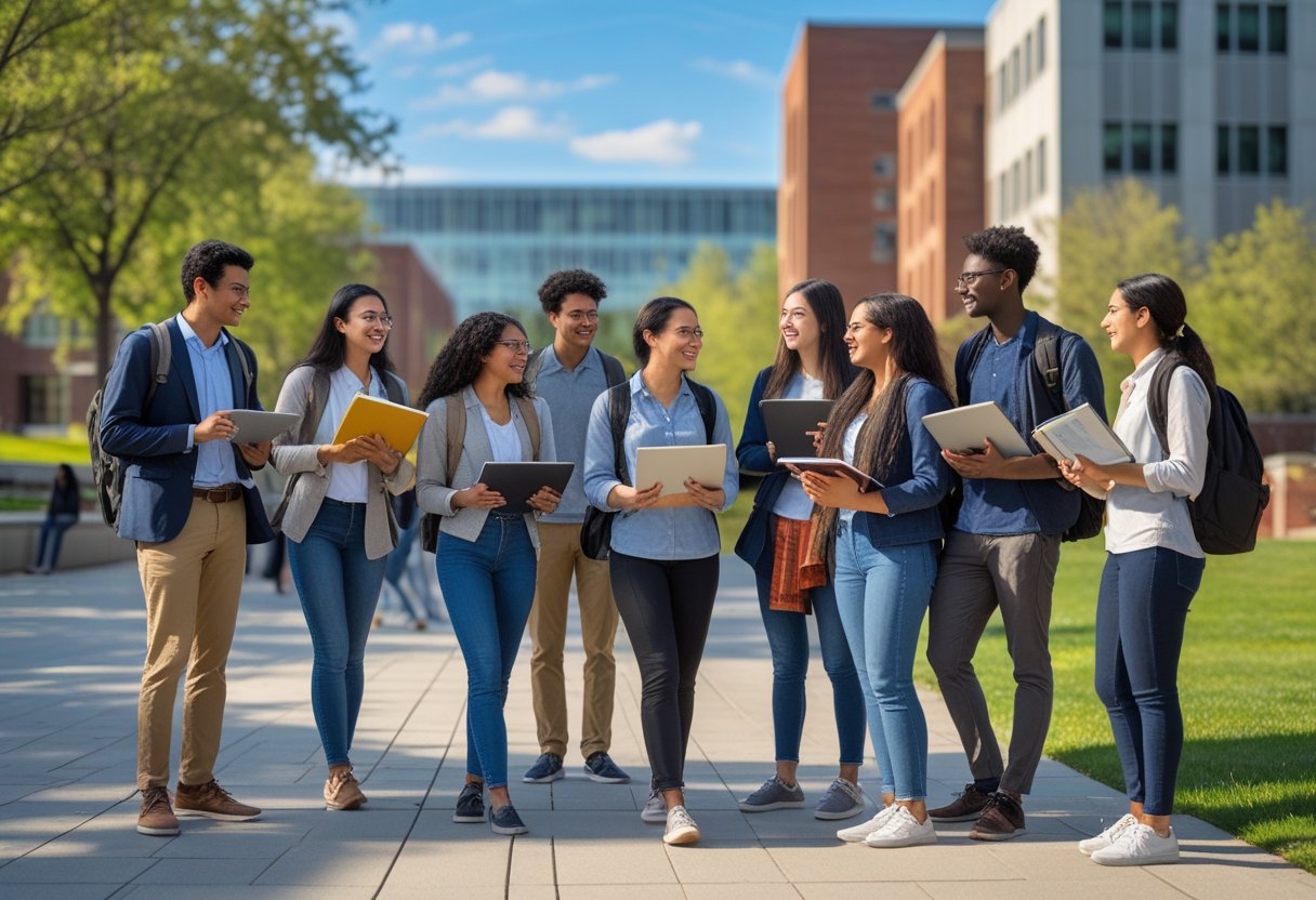 45 Fully Funded Scholarships Massachusetts Institute of Technology 2026 43 A diverse group of students studying and discussing together outdoors on a university campus with modern buildings in the background.