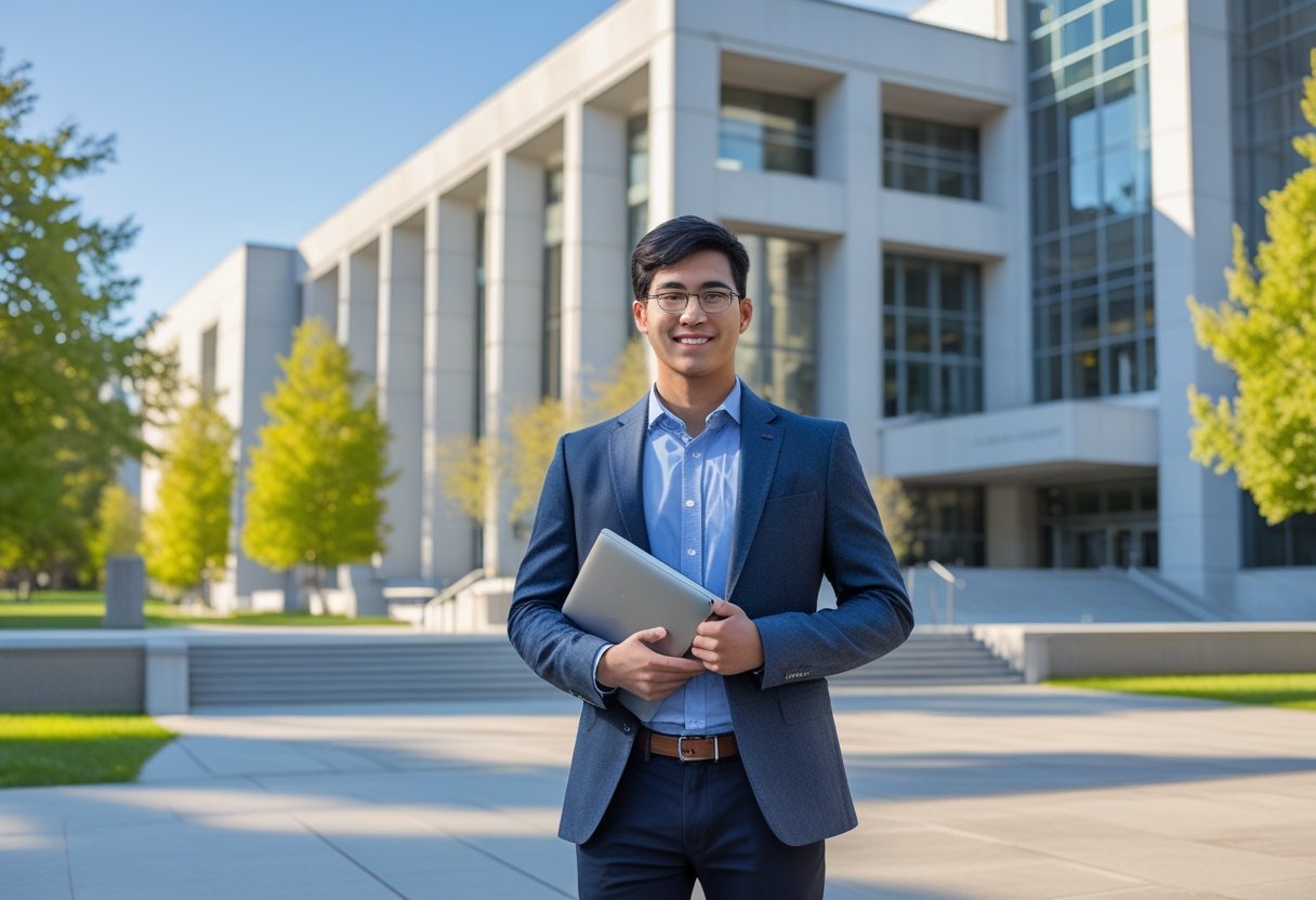 45 Fully Funded Scholarships Massachusetts Institute of Technology 2026 44 A young graduate student holding a laptop and books standing outside a modern academic building on a university campus.