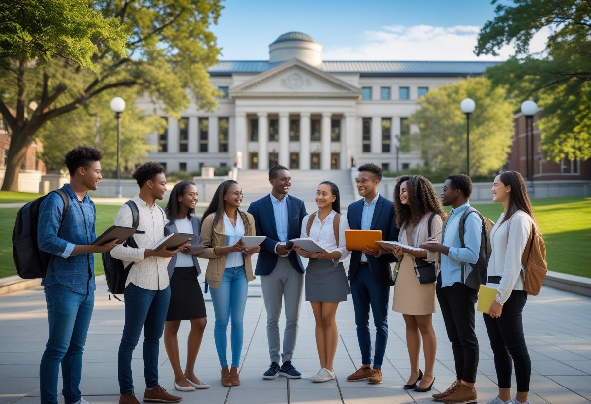 45 Fully Funded Scholarships Massachusetts Institute of Technology 2026 49 A diverse group of university students studying and talking together outdoors on a modern campus with green lawns and contemporary buildings.