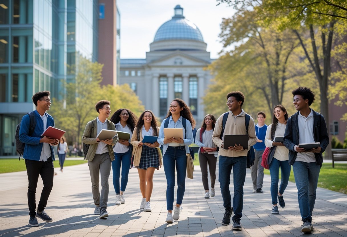 45 Fully Funded Scholarships Massachusetts Institute of Technology 2026 51 A group of diverse students studying outdoors on the Massachusetts Institute of Technology campus with modern buildings in the background.