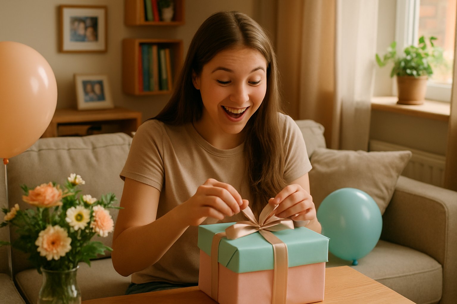 A young woman happily opening a wrapped birthday gift in a cozy living room with balloons and flowers nearby.
