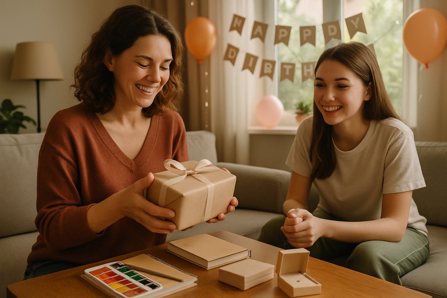 A woman and her teenage bonus daughter sharing a warm moment as the woman selects a wrapped birthday gift in a cozy living room decorated for a birthday.
