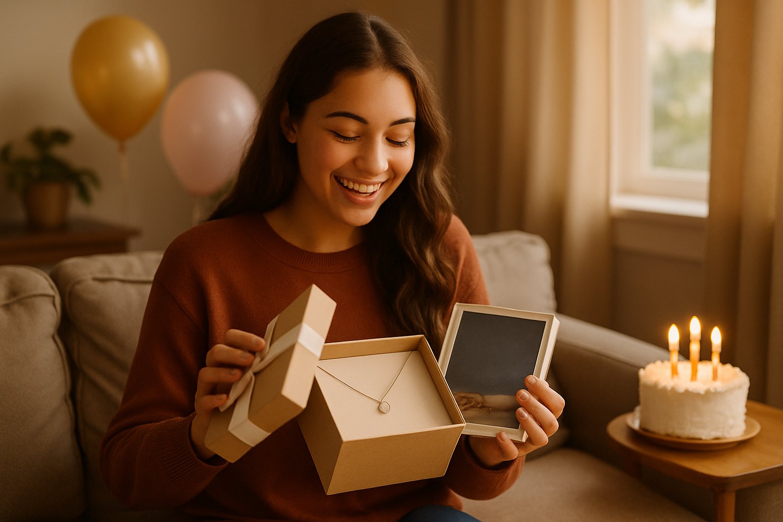 A young woman happily opening a personalized birthday gift in a cozy living room decorated for a birthday celebration.