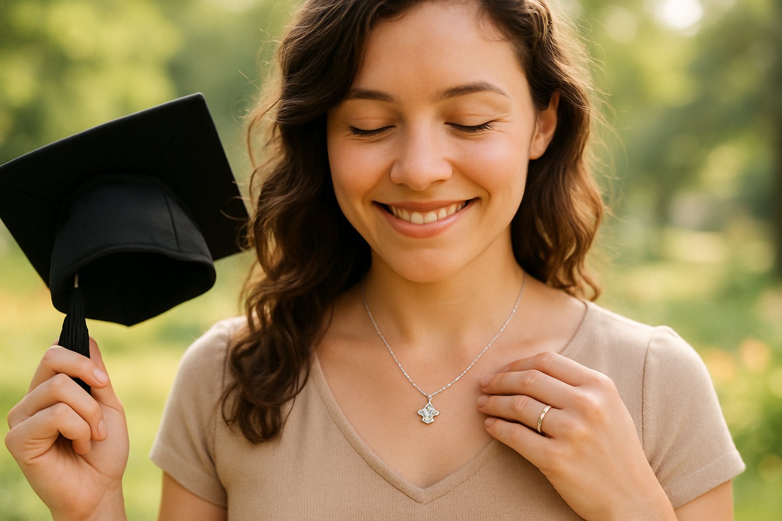 A young woman outdoors smiling while wearing a graduation necklace and holding her graduation cap.