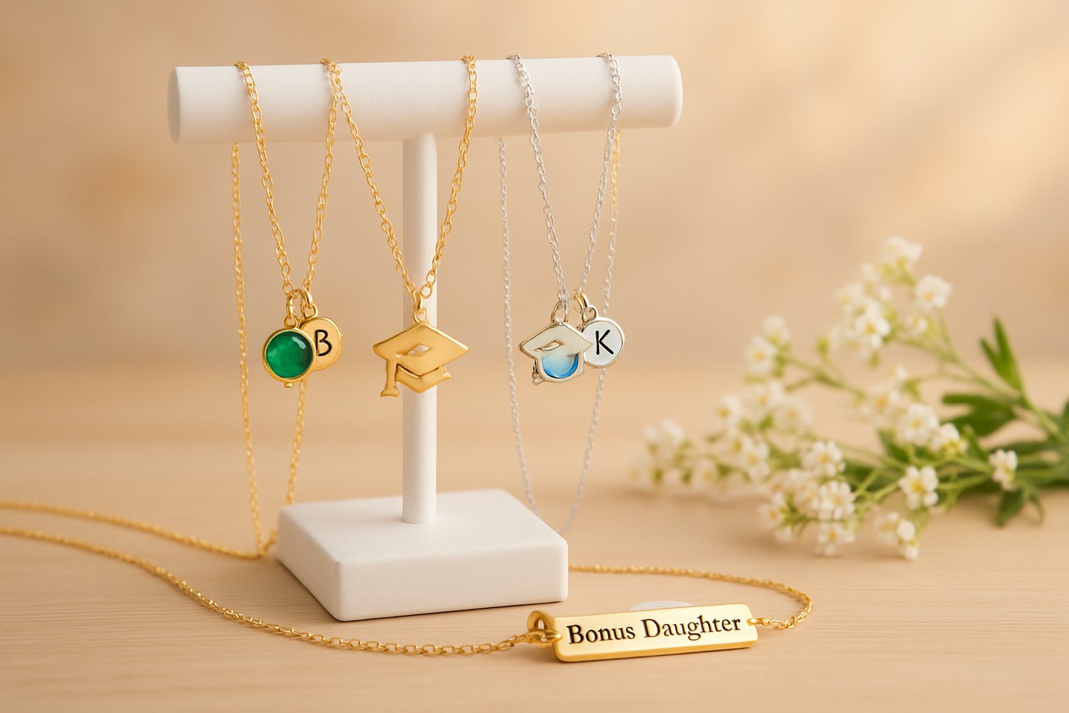 A display of elegant graduation necklaces arranged on a jewelry stand with floral accents.