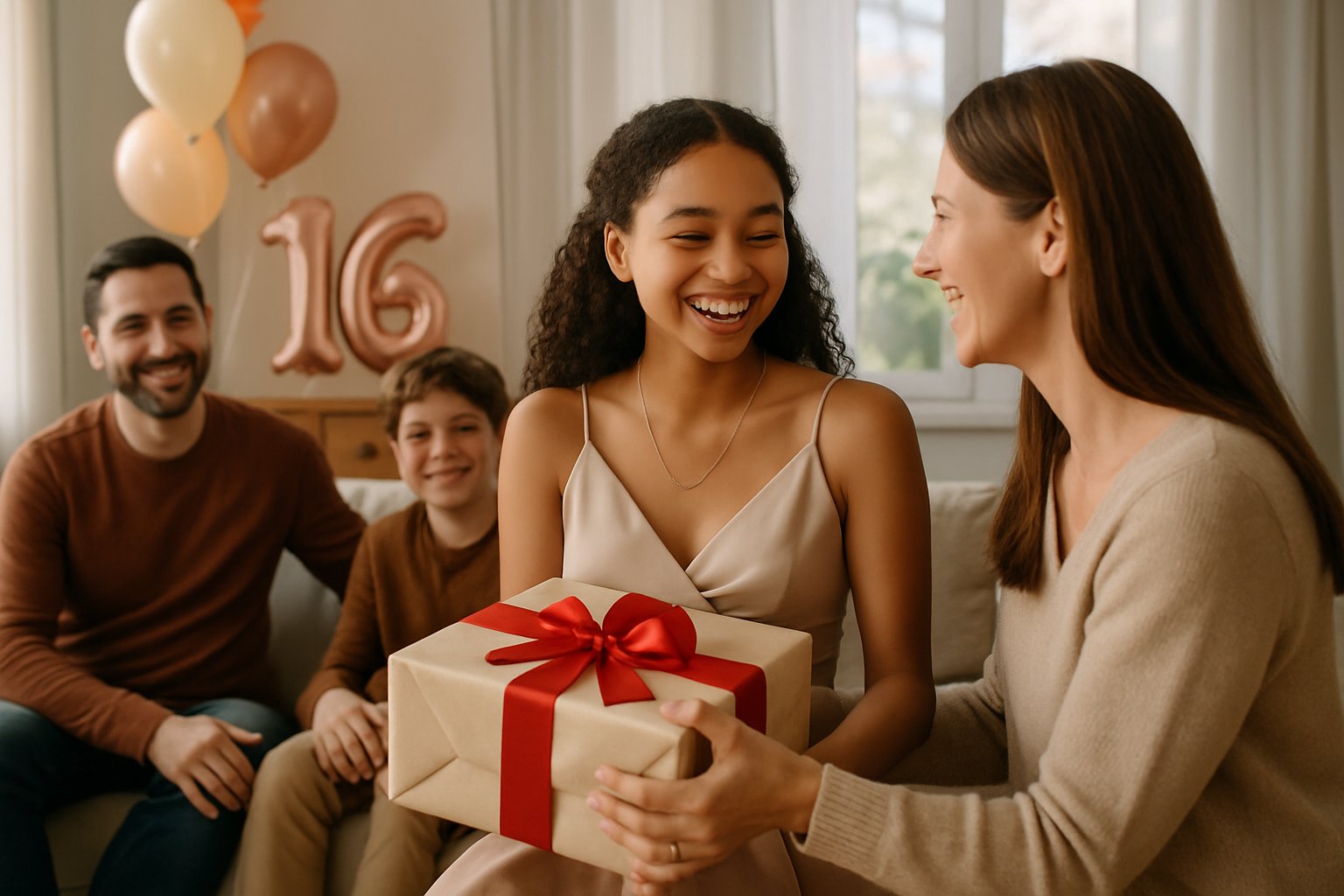 A teenage girl happily receives a gift from an adult woman during her Sweet 16 celebration in a decorated living room.