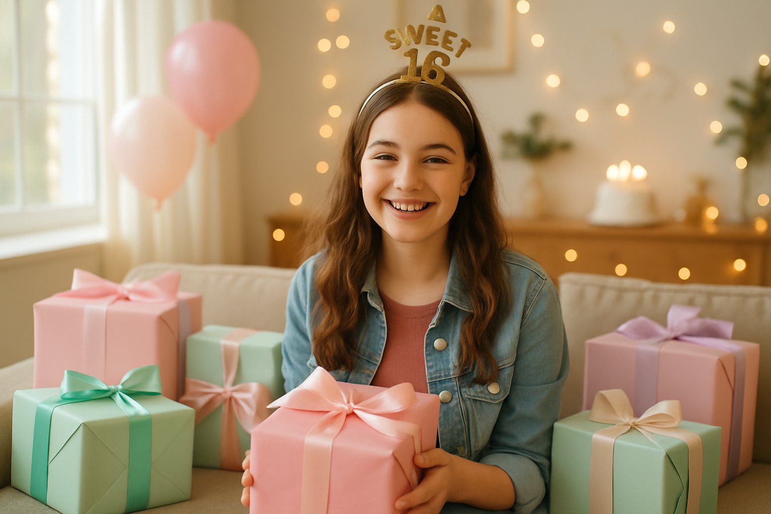 A teenage girl smiling happily in a cozy room surrounded by wrapped gift boxes and birthday decorations.