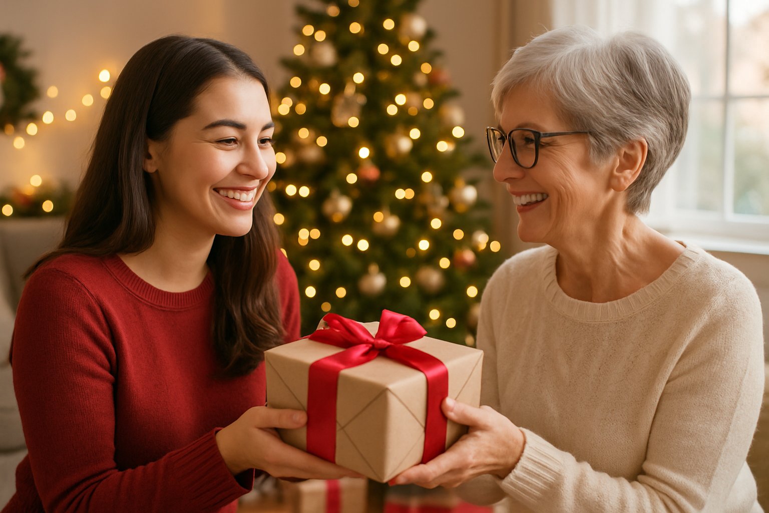 A young woman happily receiving a wrapped Christmas gift from an older woman in a cozy living room decorated for the holidays.