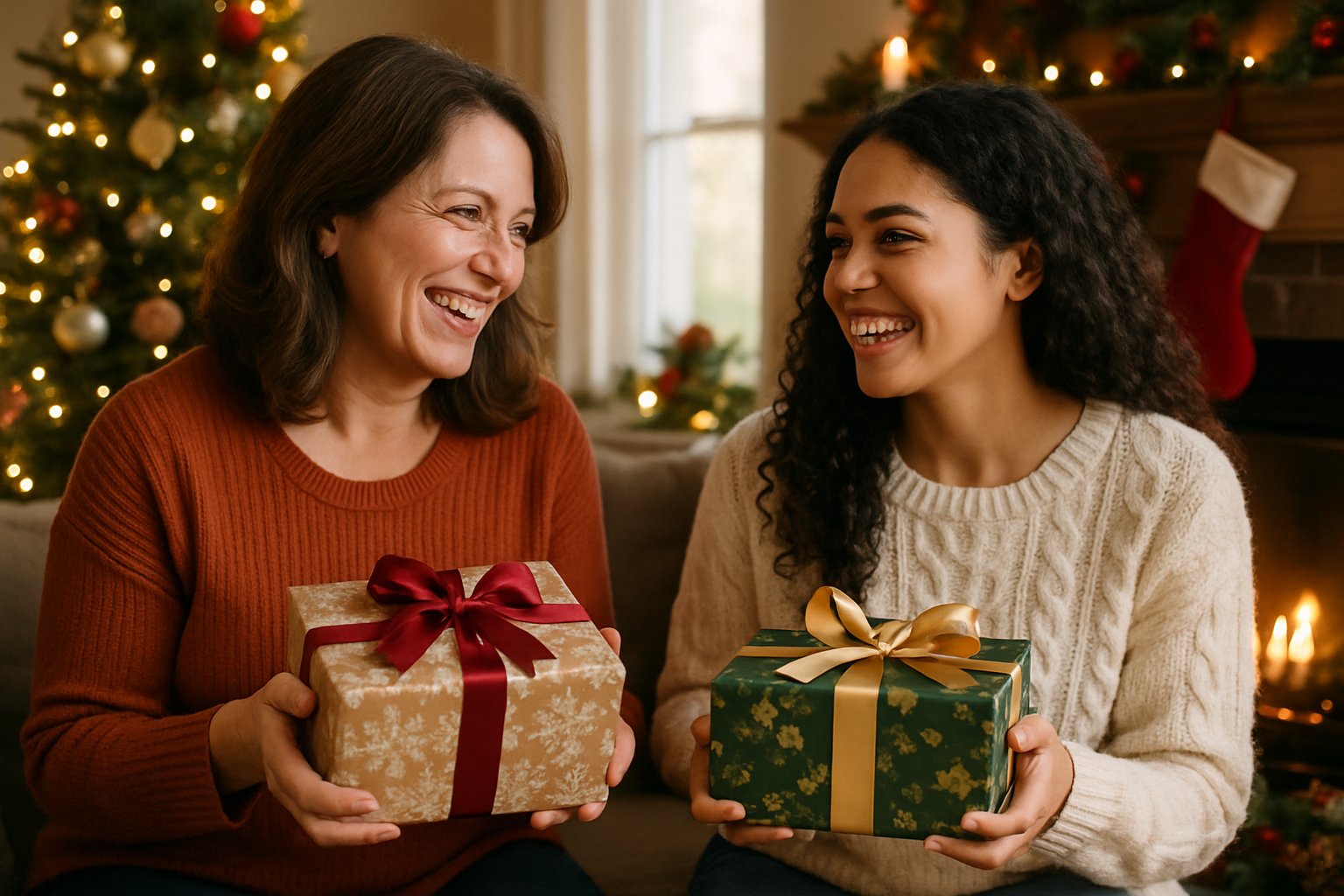 A woman and her bonus daughter smiling and exchanging Christmas gifts in a cozy, decorated living room with a Christmas tree and fireplace.