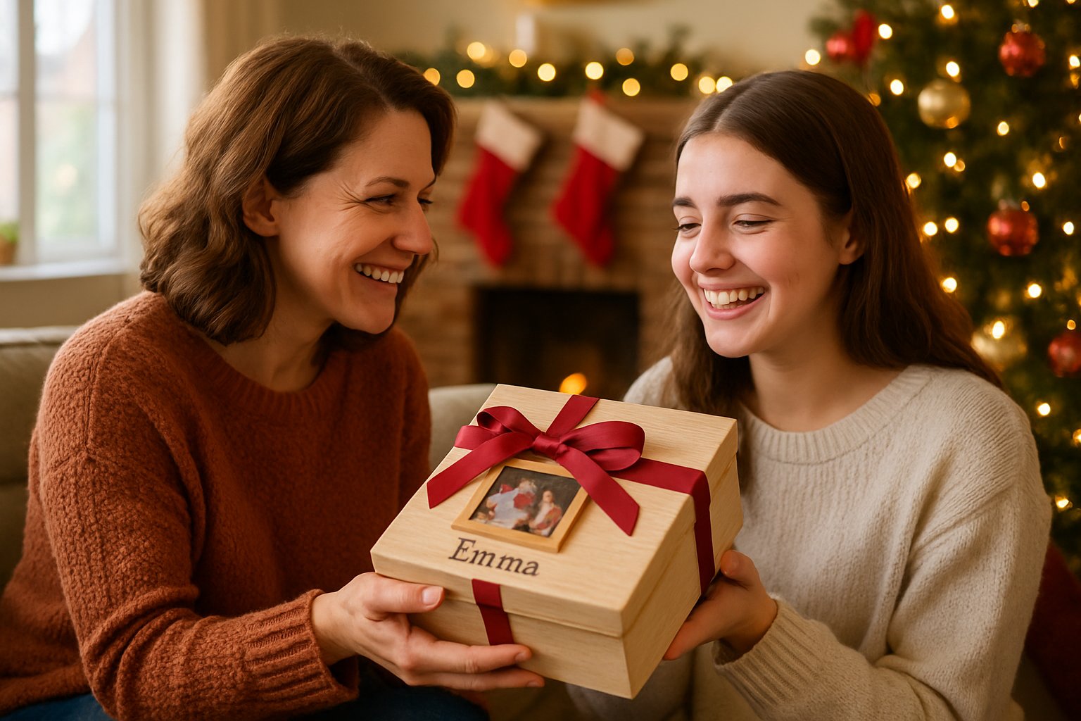 A mother giving a wrapped personalized Christmas gift to her smiling teenage bonus daughter in a cozy living room decorated for Christmas.