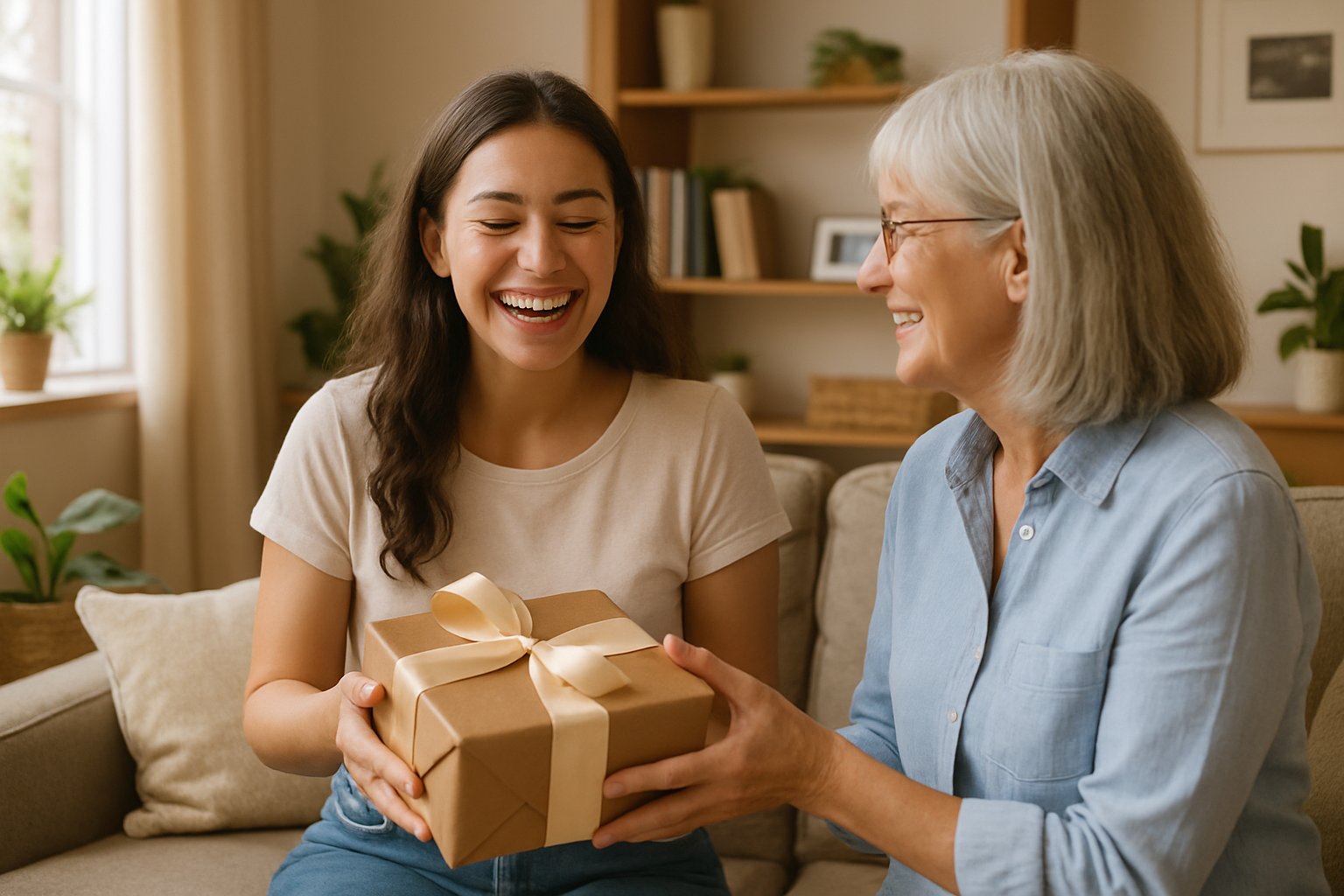 A young woman happily receiving a gift from an older woman in a cozy living room, both smiling warmly.