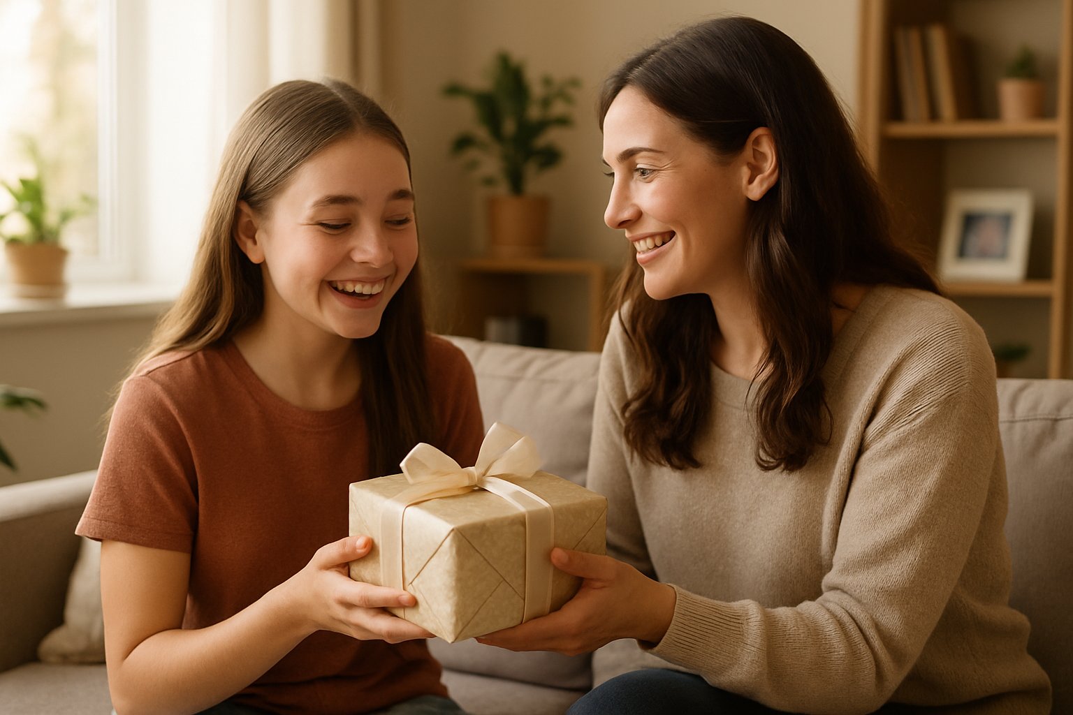 A young woman giving a wrapped gift to a smiling teenage girl in a cozy living room filled with natural light.
