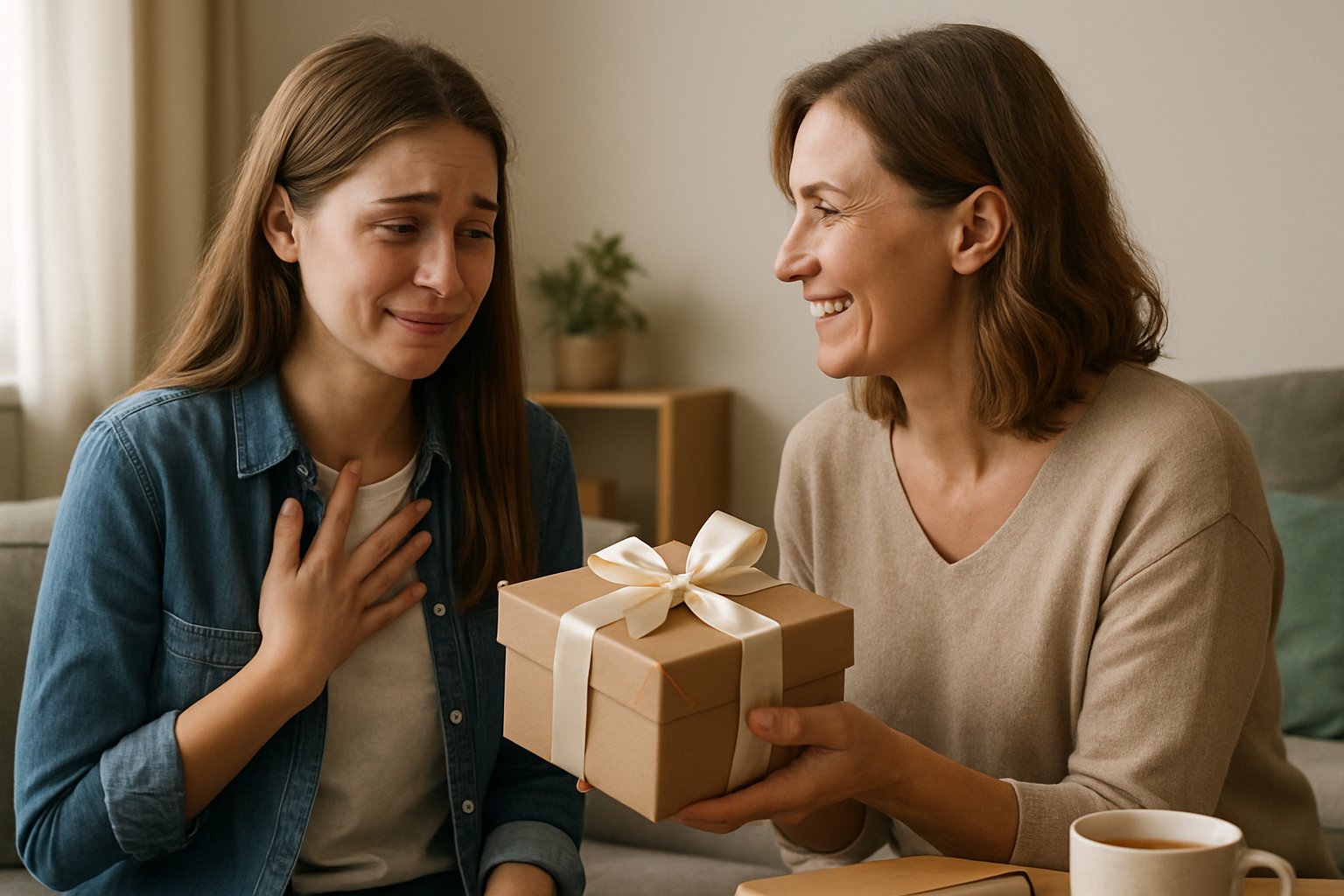 A young woman giving a wrapped gift to her bonus daughter in a cozy living room, both smiling warmly.
