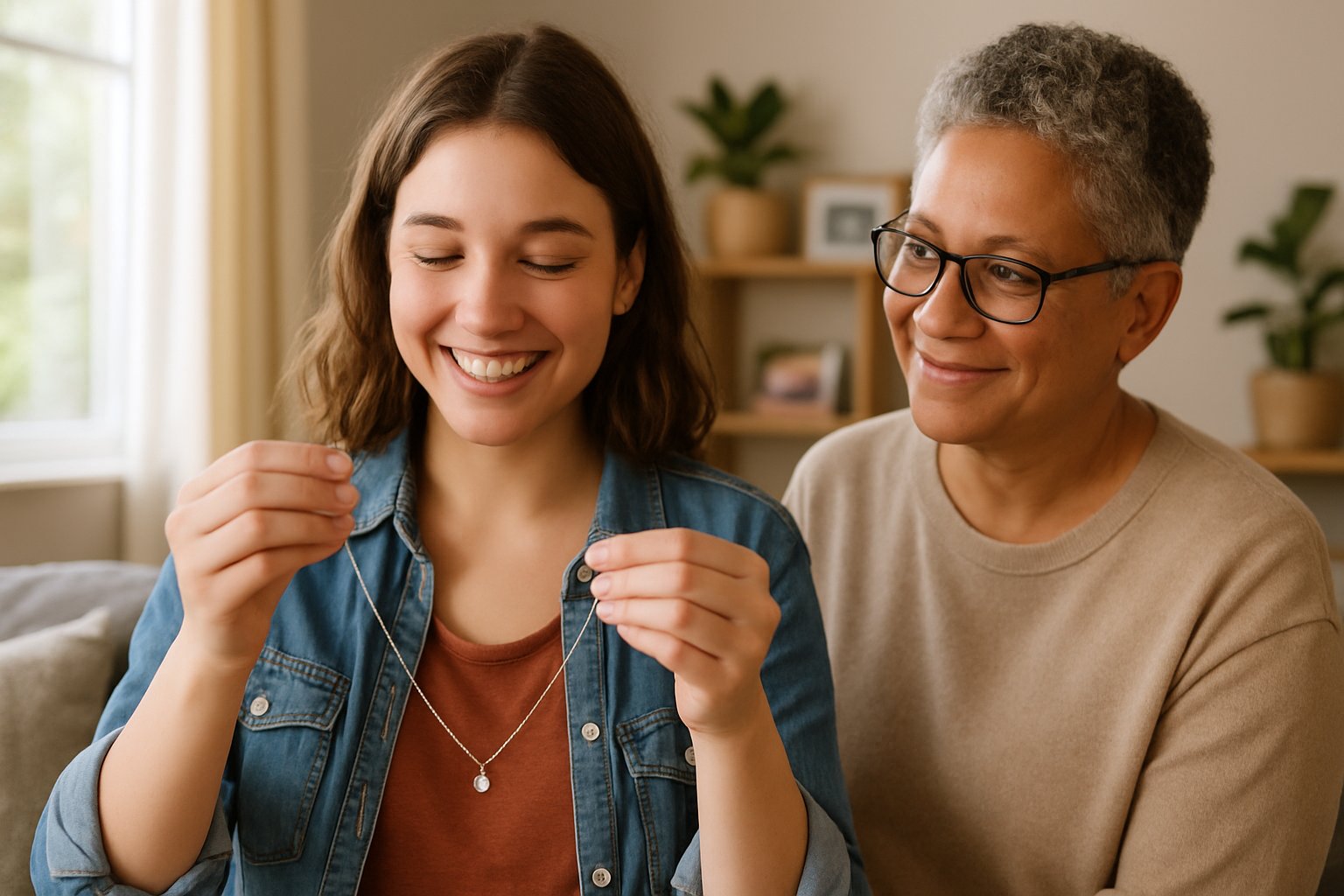 A young woman happily receiving a delicate necklace from an adult in a cozy living room.