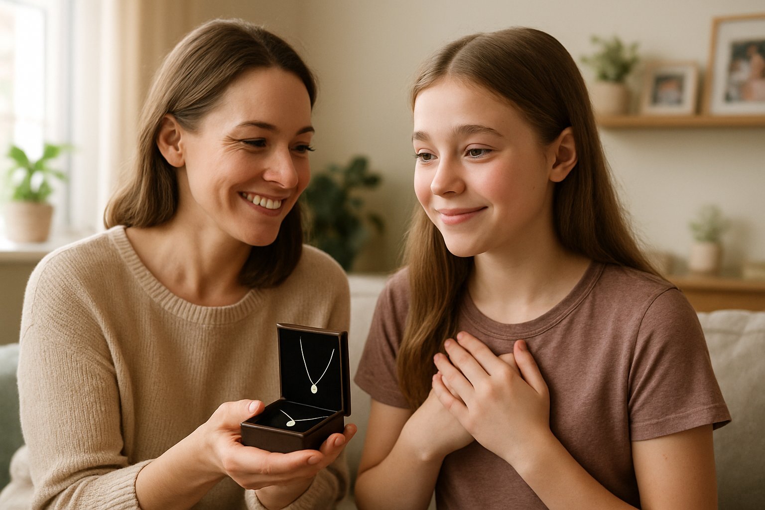 A woman giving a necklace gift to her teenage bonus daughter in a cozy living room, both smiling warmly.