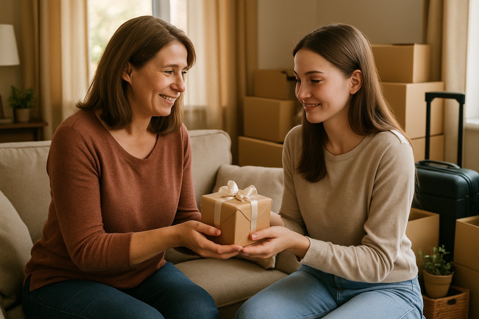 A parent hands a small wrapped gift to their smiling bonus daughter in a cozy living room with moving boxes and a suitcase nearby.