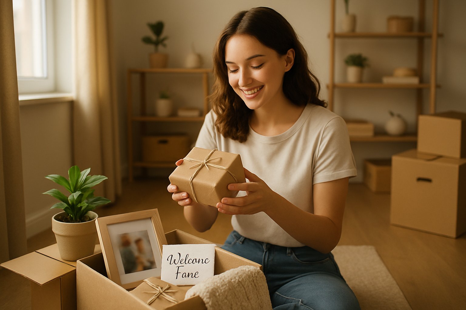 A young woman happily unpacking thoughtful gifts in her new apartment surrounded by boxes and personal items.
