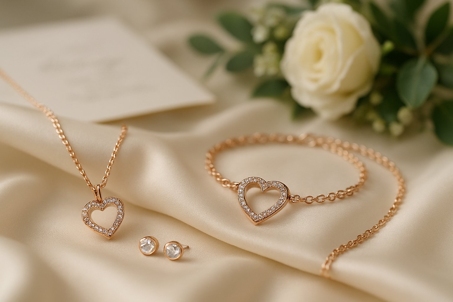 Close-up of rose gold heart-shaped necklace, matching bracelet, and stud earrings displayed on white silk fabric with wedding invitation and white roses in the background.