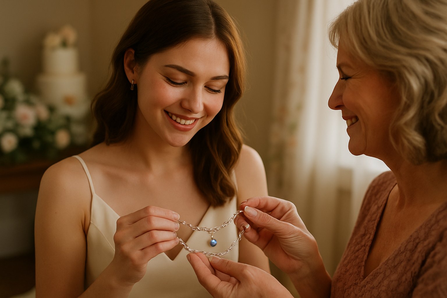 A young woman receiving a piece of jewelry from an older woman in a warm, decorated indoor setting during a wedding or engagement celebration.