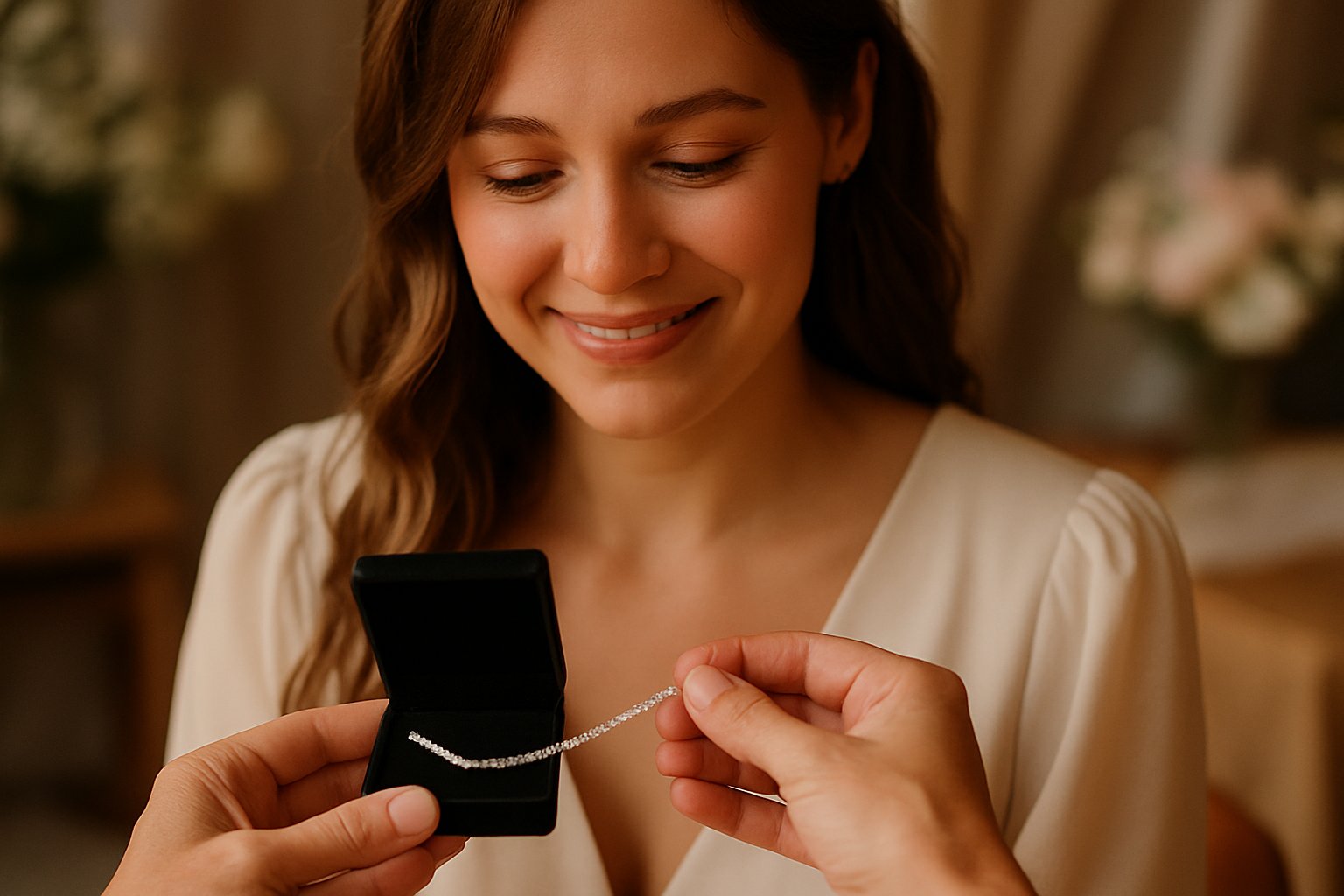 A young woman receiving an elegant jewelry gift in a warm, cozy setting, looking happy and touched.