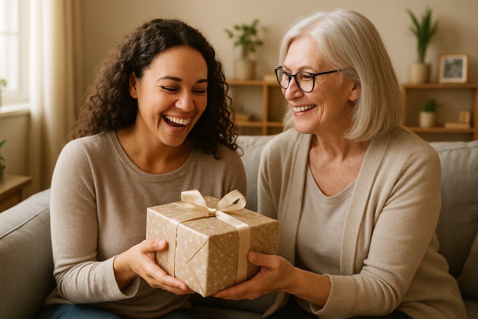 A young woman happily receiving a wrapped gift from an older woman in a cozy living room, both smiling warmly at each other.