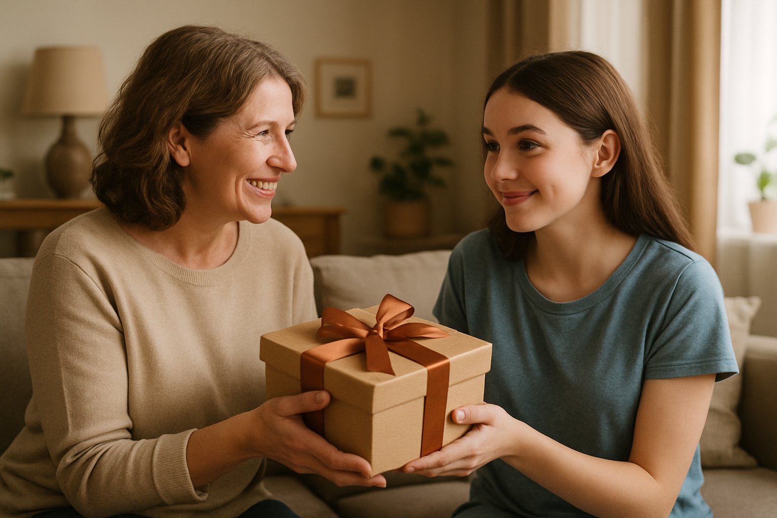 A middle-aged woman giving a wrapped gift to a teenage girl in a cozy living room, both smiling warmly.