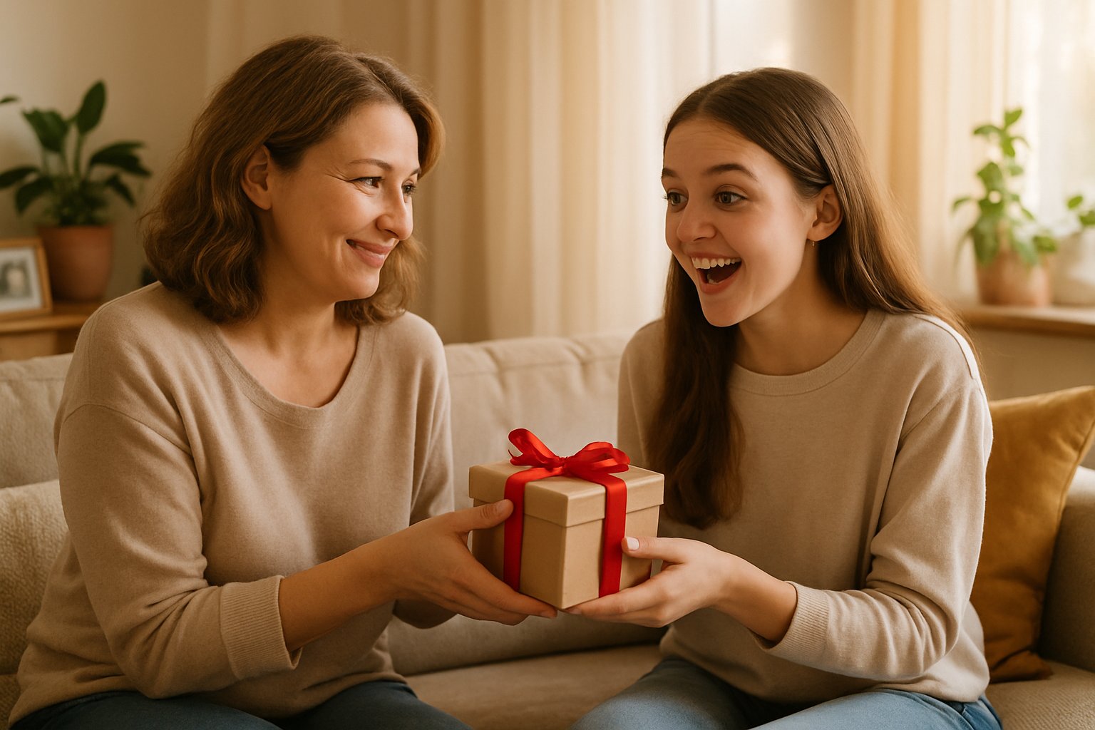 A woman gives a small gift to a teenage girl in a cozy living room, both smiling warmly at each other.