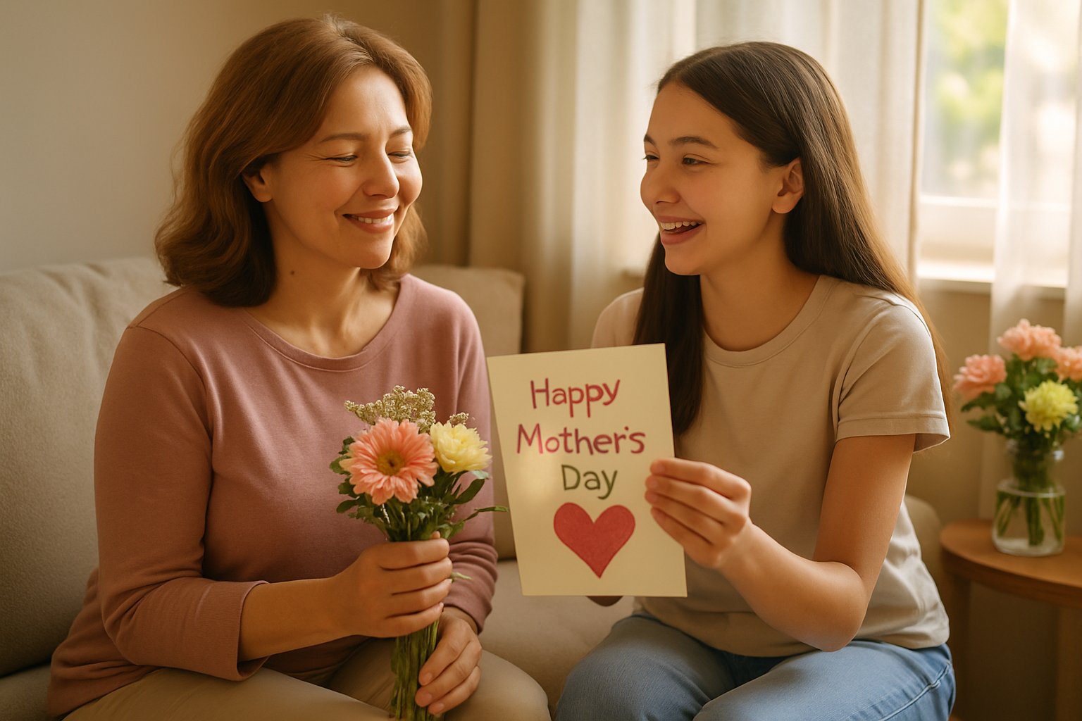 A mother and her teenage bonus daughter sharing a joyful moment in a sunlit living room, with the daughter giving the mother a handmade card and flowers nearby.