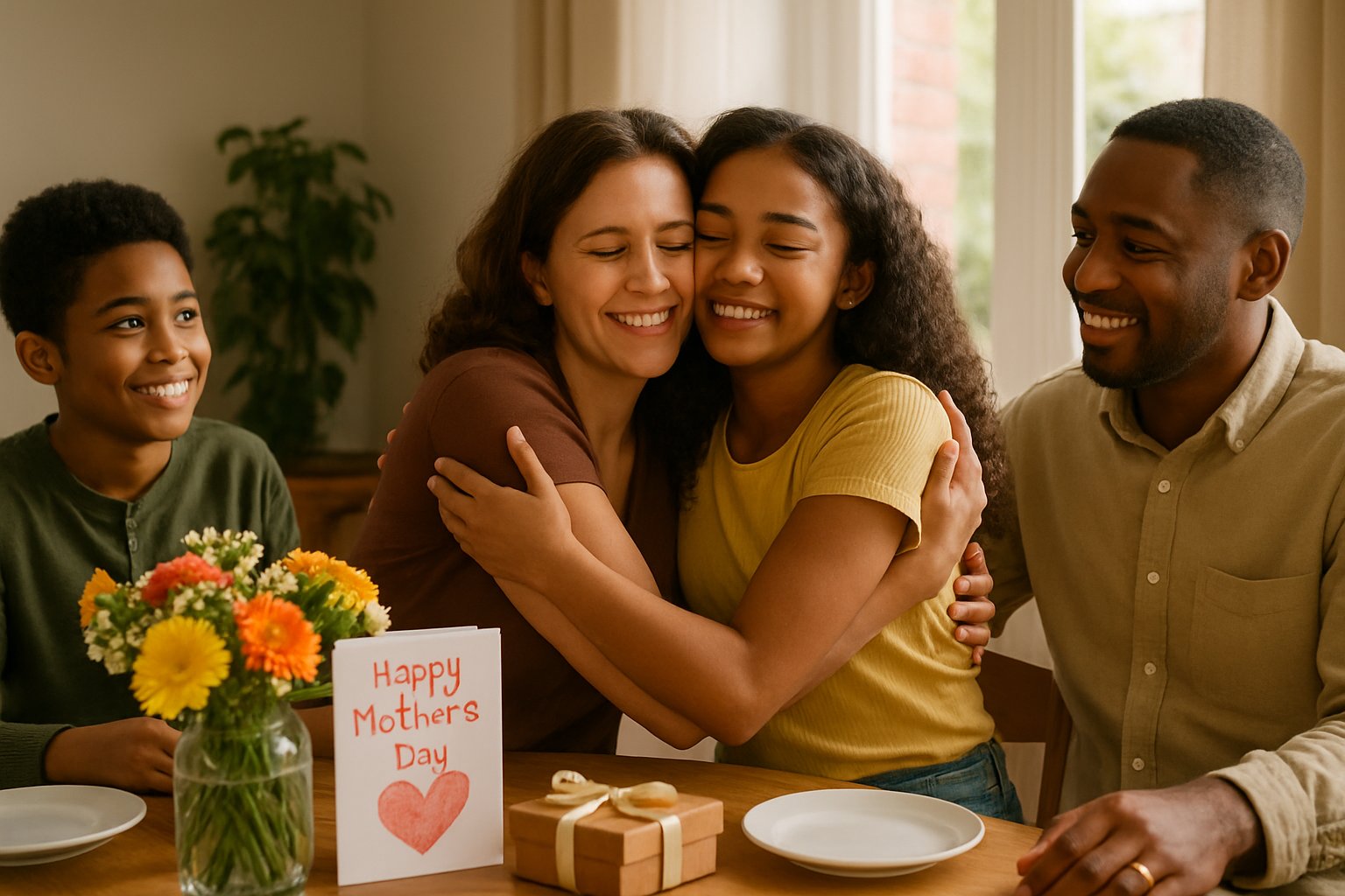 A woman warmly hugging her teenage bonus daughter in a bright, cozy home surrounded by family celebrating Mother's Day.
