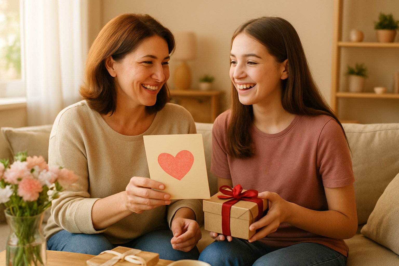 A mother and her bonus daughter smiling and exchanging a gift in a cozy living room decorated for Mother's Day.