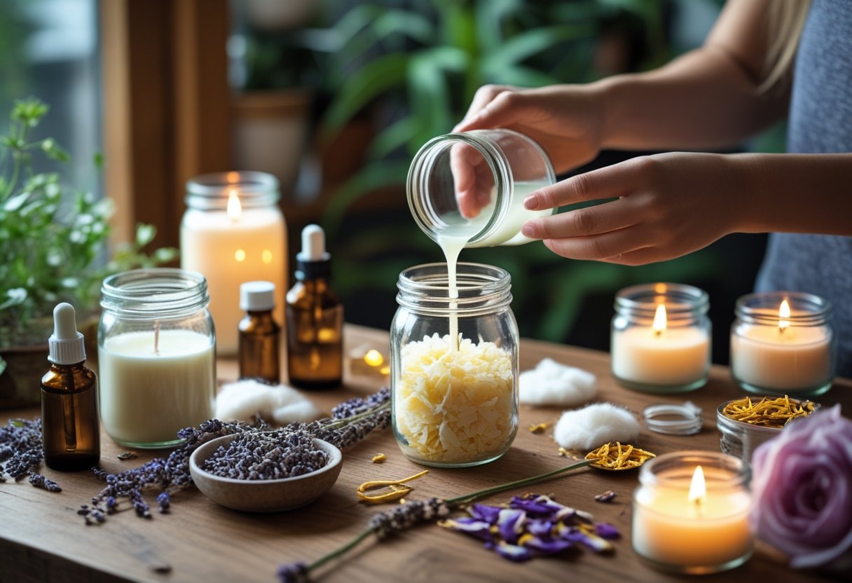 Eine Person gießt geschmolzenes Wachs in ein Glas, um Duftkerzen selbst herzustellen, umgeben von Kerzenmaterialien auf einem Holztisch.