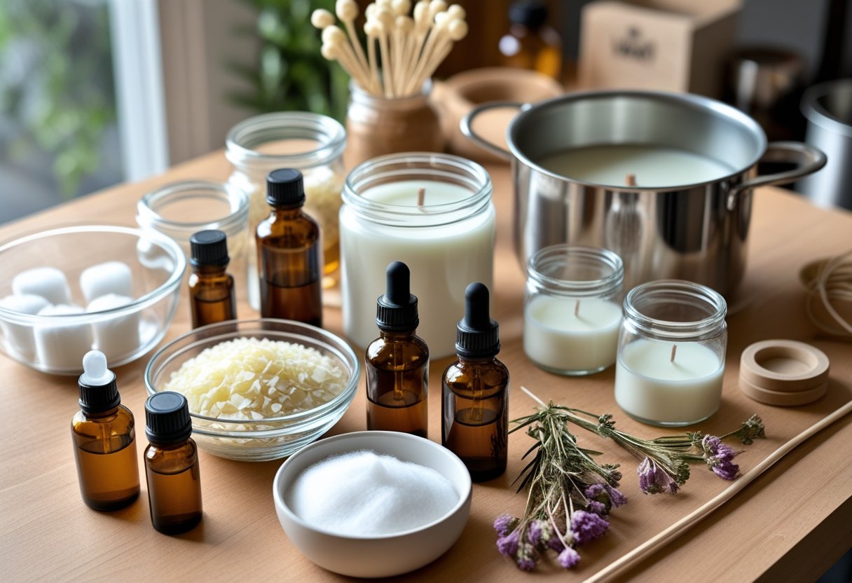 Ein Tisch mit allen benötigten Materialien zum Selbermachen von Duftkerzen, darunter Wachsflecken, Gläser, ätherische Öle, Dochte und Rührstäbchen.
