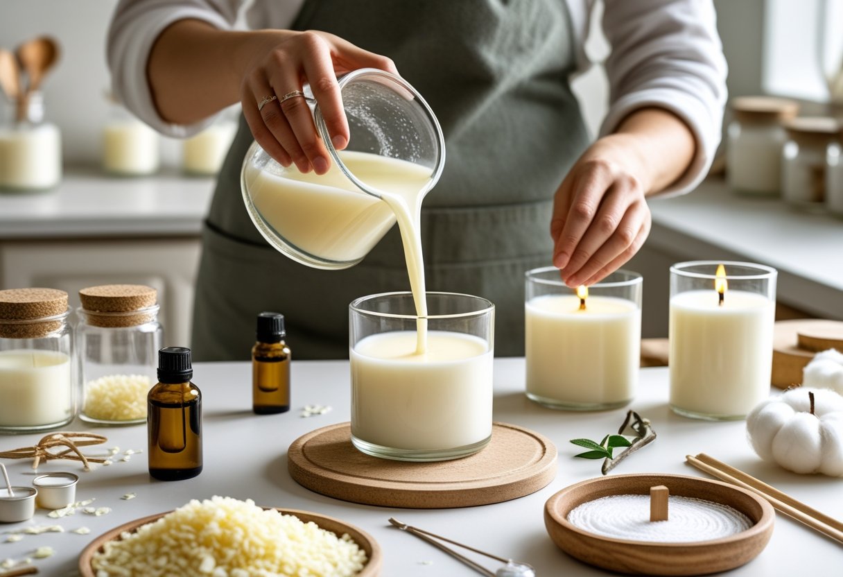 Arbeitsplatz mit Materialien und Händen, die geschmolzenes Wachs in Glasbehälter für Duftkerzen gießen.