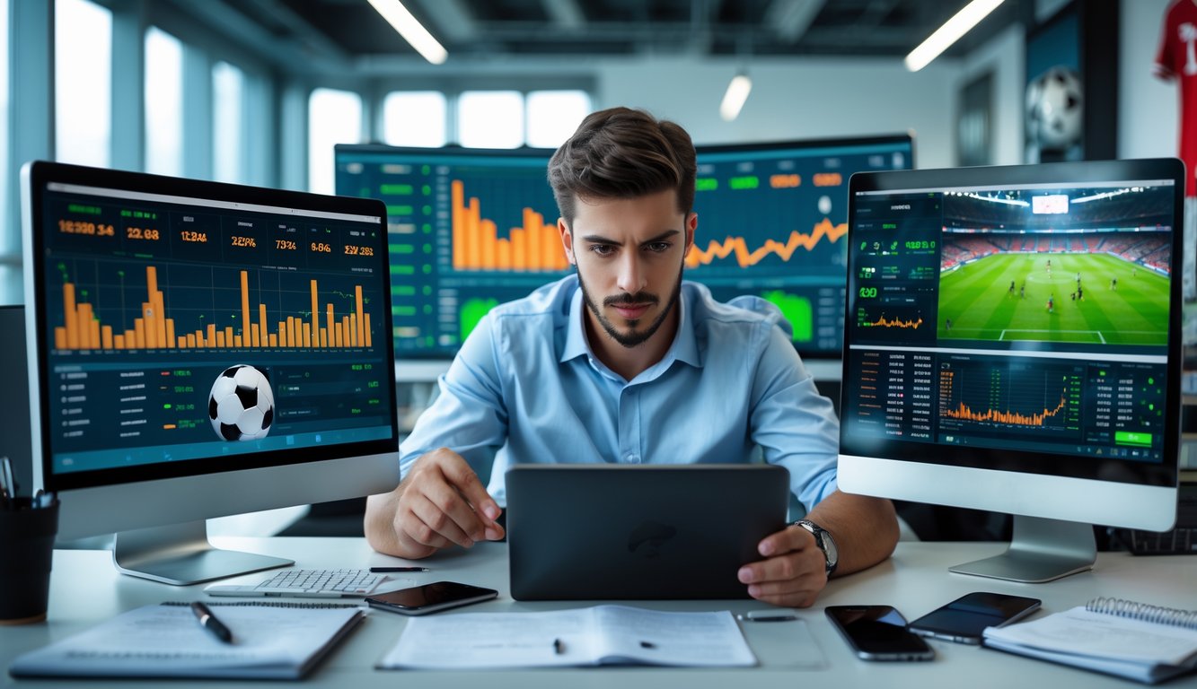 Seorang pria muda sedang menganalisis data pertandingan sepak bola di beberapa layar komputer dalam ruang kantor modern.