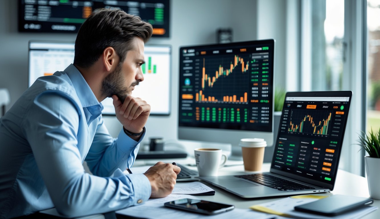 Seorang pria fokus menganalisis prediksi pertandingan olahraga di laptop di ruang kerja modern dengan beberapa layar menampilkan data dan pembaruan pertandingan.