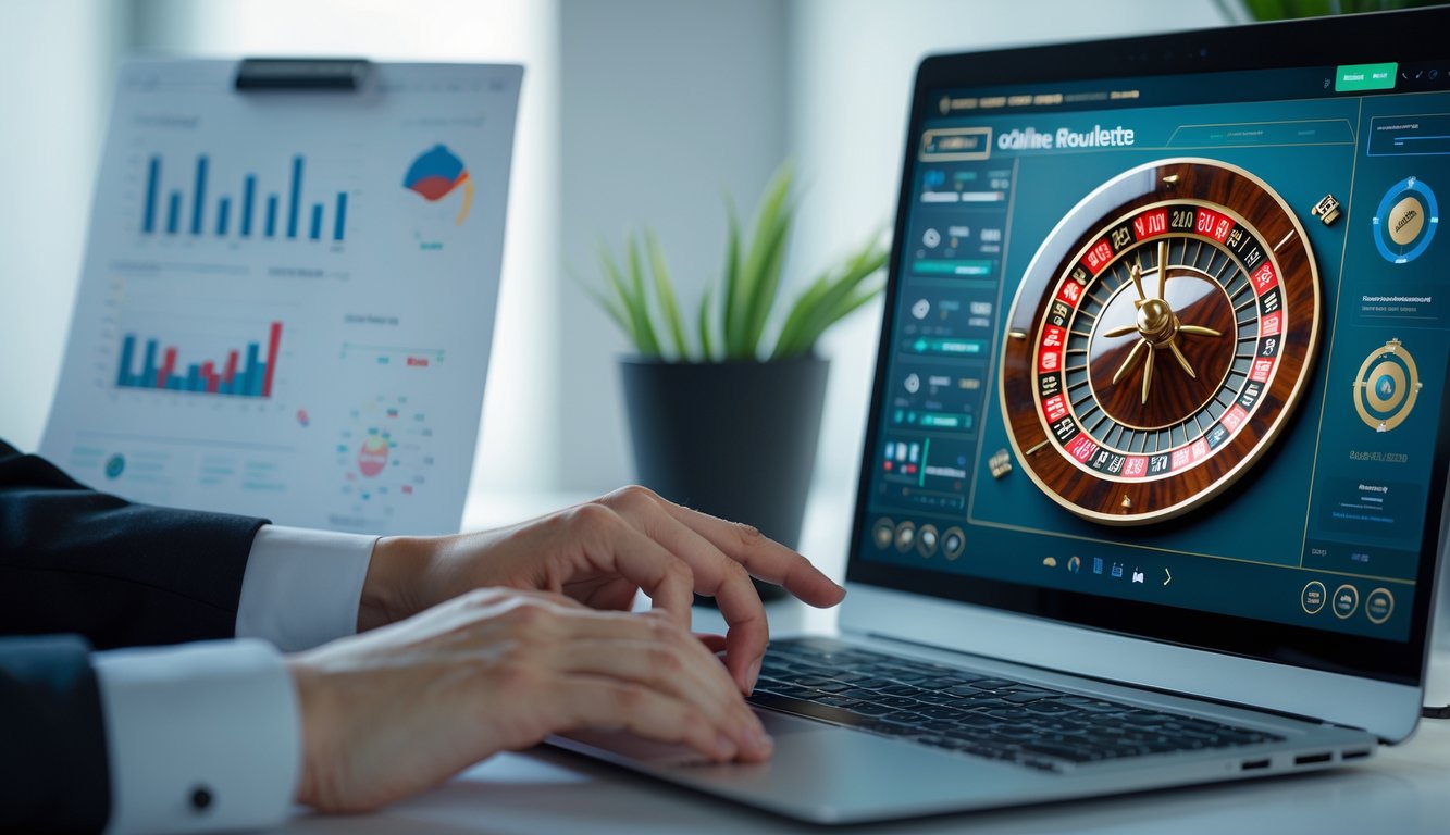 Seseorang sedang menggunakan komputer dengan tampilan roda roulette online dan grafik strategi di meja kerja.