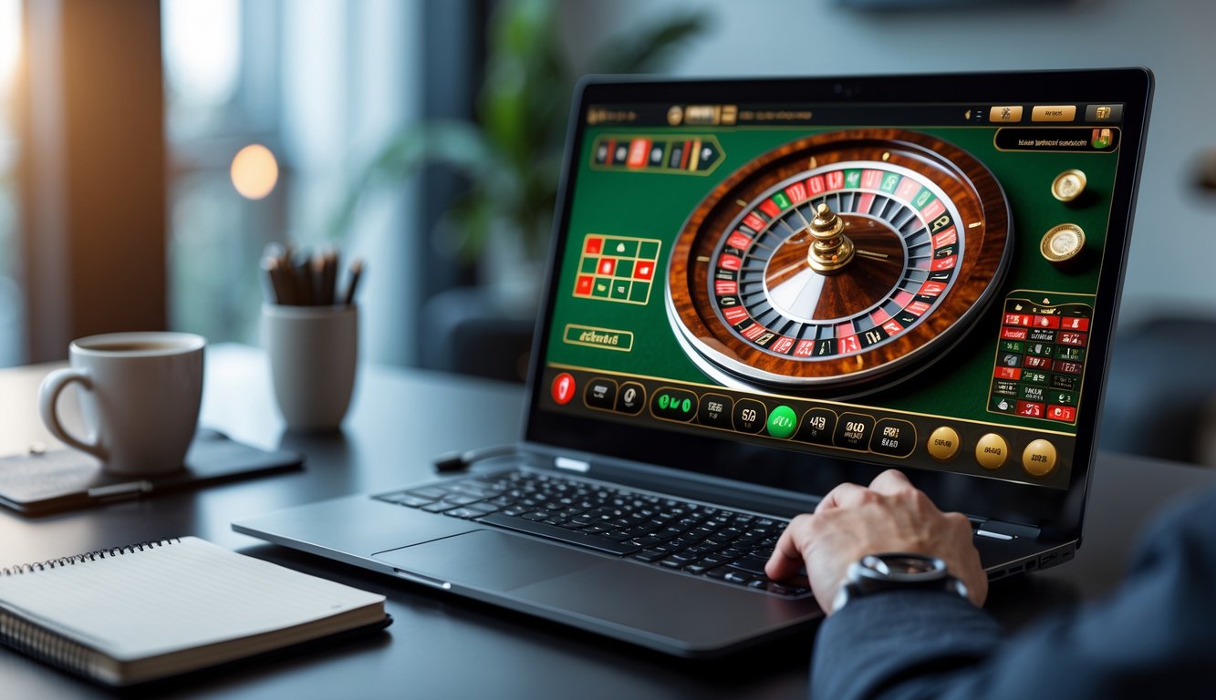 Seorang pemain sedang menggunakan komputer dengan tampilan roda roulette online, tangan siap menggunakan mouse di meja dengan catatan dan kopi di sekitarnya.