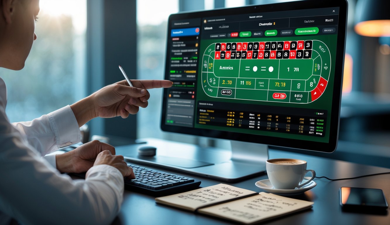 Seseorang menunjuk layar komputer yang menampilkan meja roulette digital dengan pola taruhan dan grafik statistik.